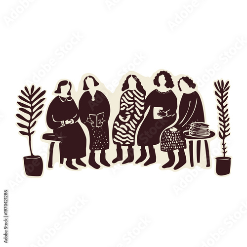 Womens fellowship Bible study group icon. Hand drawn vector motif. Faith based christian religion illustration. Women holding bibles, sitting spiritual community on chairs. Contemplative prayer circle