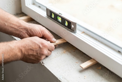 Hands placing a wooden shim under a white window frame while using a spirit level