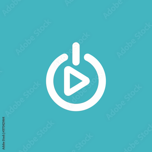 White Play Button Power Symbol Icon on Teal Background.