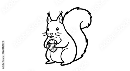 Cute Squirrel Holding a Nut Vector Illustration, Minimalist Animal Line Art for Coloring Book and Kids Activities