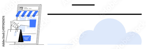 Online shopping, e-commerce solutions, mobile retail, digital transactions, cloud storage, business tools. A hand holding shopping bags extending from a smartphone store interface. Online shopping