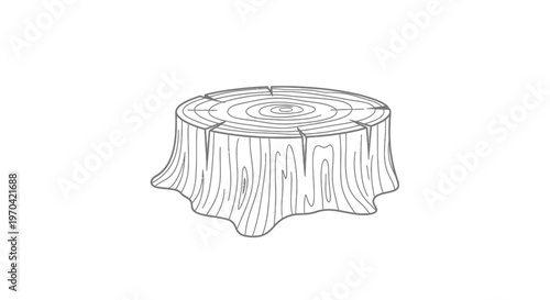 Minimalist Vector Line Art Illustration of a Wood Tree Stump with Visible Texture and Growth Rings