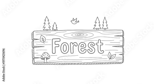 Hand-drawn Wood Plank Sign with Forest Text and Nature Elements Line Art Illustration
