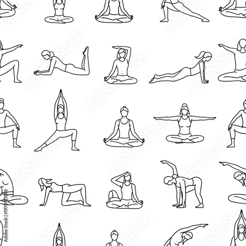 Seamless Pattern of Yoga Poses Line Art.