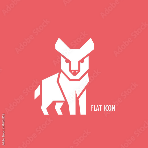 Geometric White Wolf Icon on Red Background.