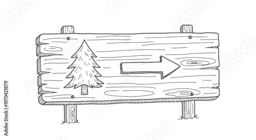 Hand-drawn Wooden Signpost with Pine Tree Icon and Directional Arrow, Sketch Illustration for Hiking and Nature Trail