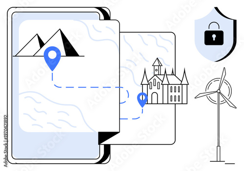 Travel planning, sustainable energy, cybersecurity, tourism, digital navigation, data protection. Map with landmarks, locked shield icon and wind turbine. Travel planning and sustainable energy