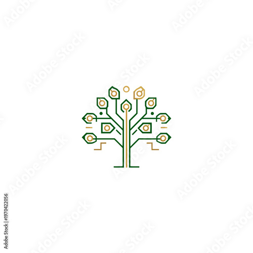Stylized tree design, abstract and geometric, utilizing green and gold lines on a white background