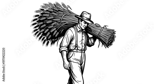 Vintage Woodcut Style Illustration of a Farmer Carrying a Large Bundle of Wheat on His Shoulder during Harvest