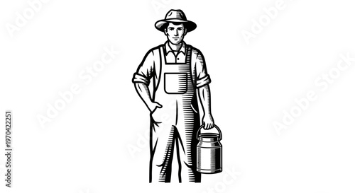 Vintage Woodcut Style Vector Illustration of a Dairy Farmer in Overalls Holding a Milk Can Churn
