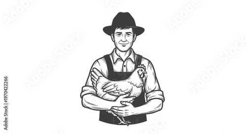 Smiling Farmer Holding a Chicken Vintage Engraving Woodcut Style Vector Illustration of Poultry Farming