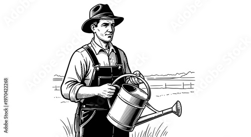 Farmer in Overalls Holding a Watering Can in a Field, Vintage Woodcut Style Illustration