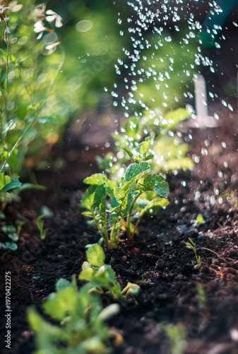 Watering Young Plants in a Sunny Garden