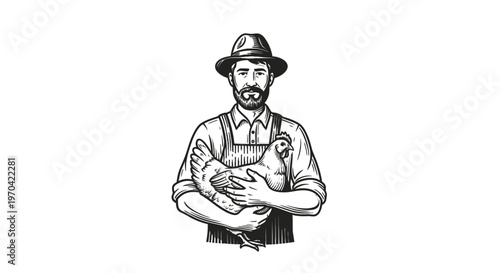 Male Farmer Holding a Chicken in Vintage Woodcut Engraving Style, Vector Illustration for Agriculture and Poultry Farm Logo