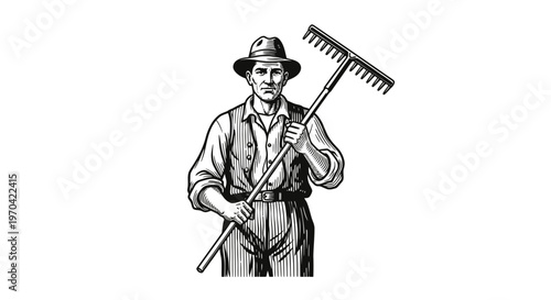 Vintage Woodcut Style Illustration of a Farmer Holding a Garden Rake, Retro Engraved Portrait of a Rural Agricultural Worker