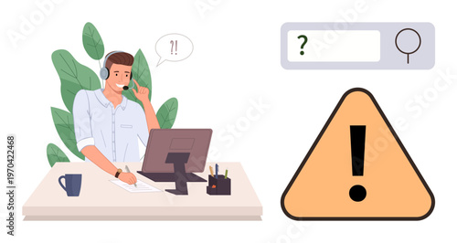 Customer service, technical support, troubleshooting, problem solving, communication skills, modern technology. A customer support agent speaks into a headset. Customer service and troubleshooting