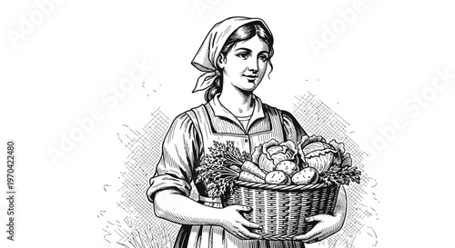 Vintage woodcut style illustration of a female farmer carrying a basket full of fresh harvest vegetables like cabbage, carrots, and potatoes