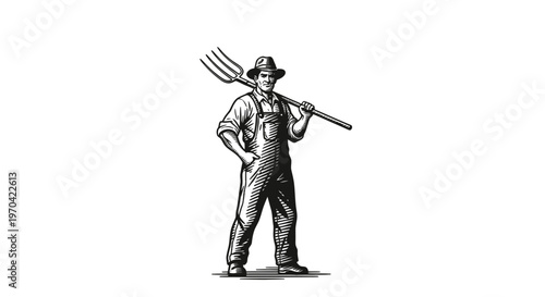 Vintage woodcut style illustration of a male farmer standing with a pitchfork over his shoulder wearing overalls and a hat