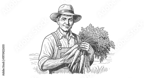 Vintage woodcut illustration of a smiling farmer holding a large bunch of fresh harvested carrots in a rural field