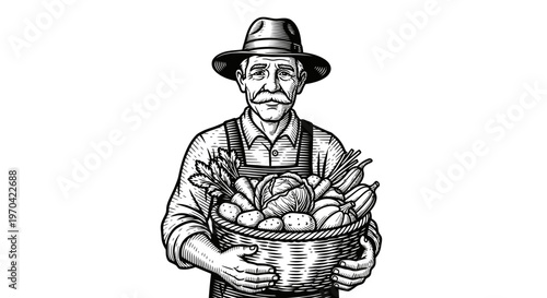 Vintage Woodcut Style Illustration of an Old Farmer Holding a Wicker Basket of Freshly Harvested Organic Vegetables