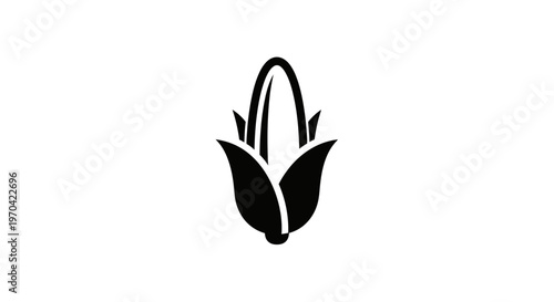 Minimalist ear of corn with husks depicted as a black vector icon on a white background