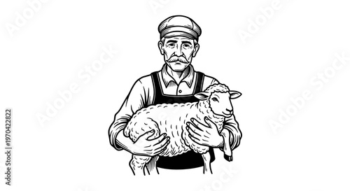 Vintage Woodcut Illustration of a Male Shepherd Farmer Holding a Lamb, Rural Agriculture and Livestock Farming Concept