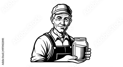 Vintage woodcut style illustration of a senior farmer wearing a cap and overalls holding a glass jar of organic produce