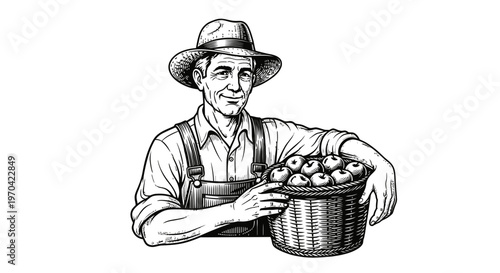 Vintage Woodcut Vector Illustration of a Happy Senior Farmer Holding a Basket of Freshly Harvested Apples