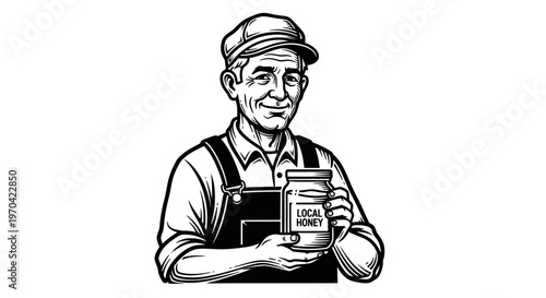 Senior Beekeeper Holding a Jar of Local Honey Woodcut Style Illustration