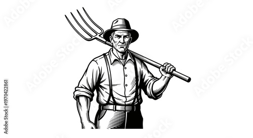 Vintage woodcut illustration of a serious farmer holding a pitchfork over his shoulder, wearing a hat and suspenders, black and white vector art
