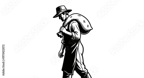 Vintage Woodcut Style Vector Illustration of a Farmer Carrying a Heavy Sack on His Shoulder, Symbolizing Hard Work and Manual Labor