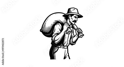 Vintage Black and White Illustration of a Farmer Carrying a Heavy Sack on His Shoulder, Representing Manual Labor and Agriculture