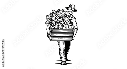 Vintage Woodcut Style Illustration of a Farmer Carrying a Wooden Crate Full of Fresh Organic Vegetables