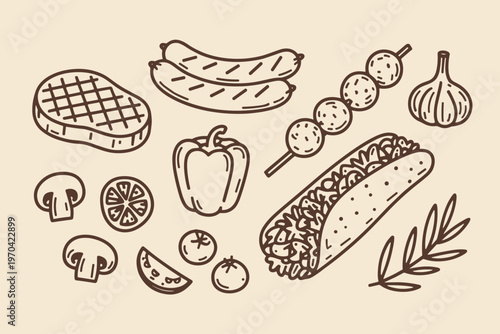 Hand drawn food steak sausages taco and vegetables