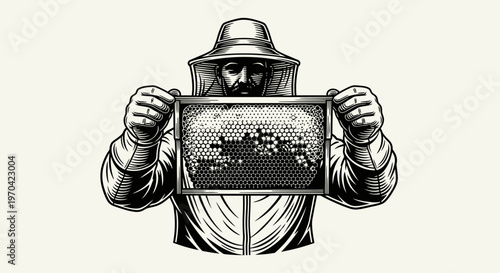 Professional Beekeeper Holding a Full Honeycomb Frame, Vintage Engraving Style Vector Art