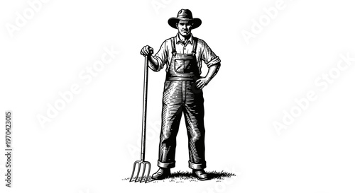 Vintage Woodcut Style Illustration of a Farmer Holding a Pitchfork, Traditional Male Character in Overalls and Hat for Agricultural and Farming Concepts