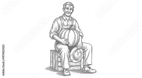 Vintage engraving illustration of an old farmer sitting on a wooden crate holding a large pumpkin, harvest and agriculture concept