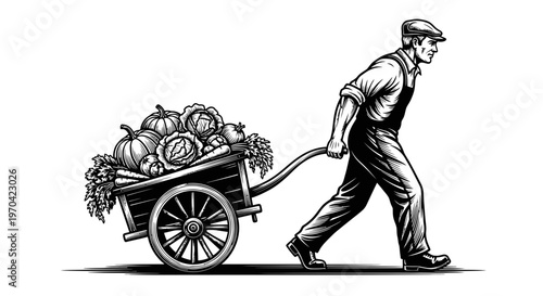 Vintage Woodcut Illustration of a Farmer Pulling a Wooden Cart Filled with Fresh Harvested Vegetables, Organic Farming Concept