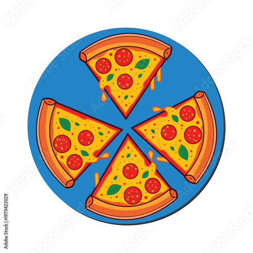 Top view of delicious pizza slices with melted cheese on a blue plate.