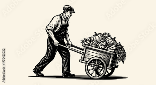 Vintage Woodcut Style Illustration of a Farmer Pushing a Wheelbarrow Loaded with Harvested Vegetables