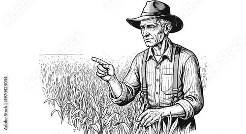 Senior Farmer Standing in Wheat Field and Pointing to the Horizon, Vintage Woodcut Style Vector Illustration of Agricultural Worker in Rural Landscape