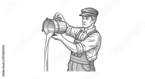 Vintage Woodcut Illustration of a Traditional Farmer Pouring Fresh Milk from a Bucket