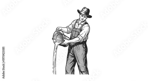 Vintage woodcut illustration of a male farmer in overalls pouring liquid from a metal bucket, retro hand-drawn vector sketch of agricultural worker