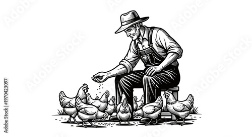 Vintage woodcut illustration of a male farmer in overalls and straw hat feeding a flock of chickens on a rural farm