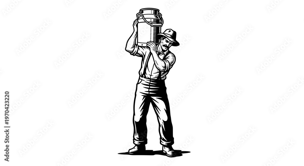 Fototapeta premium Vintage Woodcut Style Illustration of a Farmer Carrying a Large Milk Churn on His Shoulder