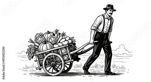 Vintage Woodcut Illustration of a Male Farmer Pushing a Wooden Cart Filled with Harvested Vegetables like Pumpkins, Cabbages, and Carrots