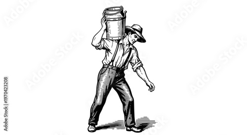 Vintage Engraving of a Farmer Carrying a Heavy Milk Churn on His Shoulder, Traditional Dairy Farming Illustration
