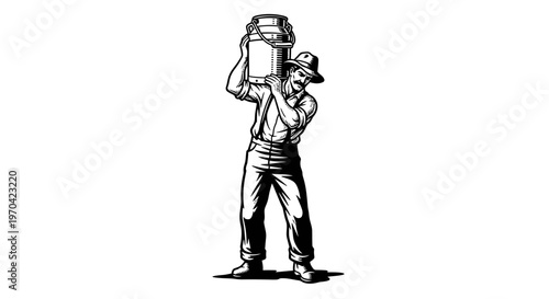 Vintage Woodcut Style Illustration of a Farmer Carrying a Large Milk Churn on His Shoulder
