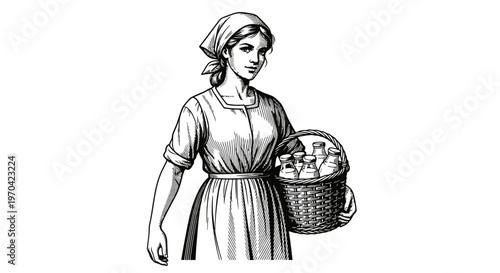 Vintage Woodcut Illustration of a Milkmaid Carrying a Basket of Fresh Glass Milk Bottles