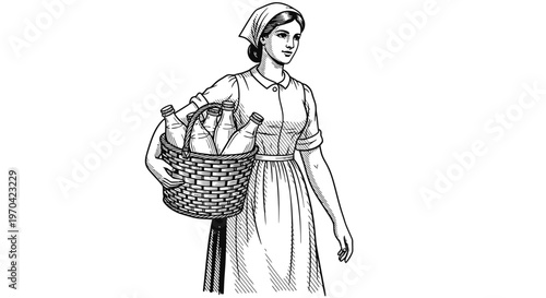 Vintage Engraving Illustration of a Traditional Milkmaid Carrying a Wicker Basket Filled with Glass Milk Bottles